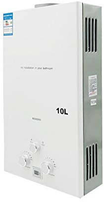 Lfhelper 10L 20KW Gasdurchlauferhitzer, LPG Warmwasserbereiter, 2.64 GPM Propangas Tankloser Kesselbrenner Sofort-Heißwasserbereiter mit Duschkopf-Kit für Kleine Häuser, Kabinen, Campingdusche weiß