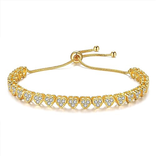 JSGEMSLEE Zirkonia Tennis Armband für Damen Weiß Rose 14K Gold plattiert Herzförmiges Tennisarmband Verstellbares Armband für Schmuckgeschenke