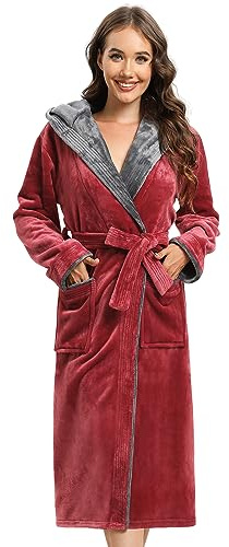 vislivin Bademantel Damen mit Kapuze Flauschig Bademantel Lang Warm Morgenmantel Fleece Robe Women