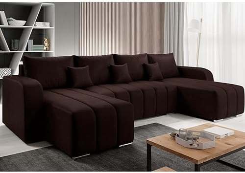 Easy4You Pufetto Velours Braun Ecksofa U-Form 320 x 80 x 147 cm mit Schlaffunktion und Bettzeugbehälter - Schlafsofa mit Bettkasten - Eckcouch mit Stauraum – Stoff: Manila 04
