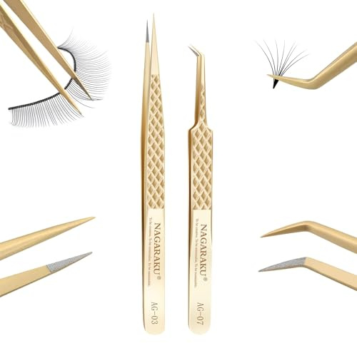 NAGARAKU Fiberspets Ögonfranspincett Set 1 Par Professionell Precision Pincett Rostfritt Stål Halkfritt Grepp Spik Klassisk Separerande Med Rak Spets & Böjda Spetsar Mega Volume Tweezer（AG-03&AG-7）
