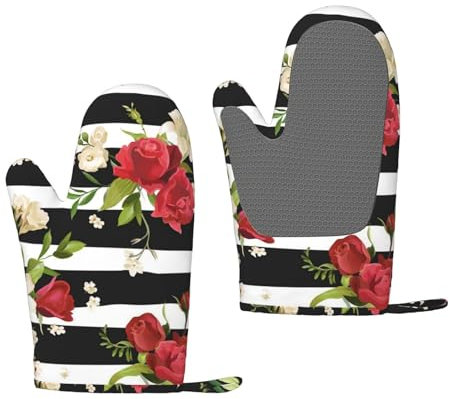 Silikon-Ofenhandschuhe mit schwarzen weißen Streifen, rote Rose, 1 Paar – hitzebeständige wasserdichte Grillhandschuhe zum Kochen, Backen, Grillen