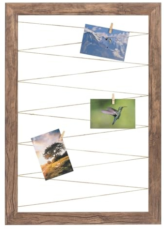CLAMARO Neo Collage Bilderrahmen mit Fotoleine, 55x75 cm, Eiche Dunkelbraun | 20 Holzklammern, Jutekordel, MDF-Rahmen 38 mm breit, Metall-Wandhalterung, ideal als Fotocollage oder Galeriewand