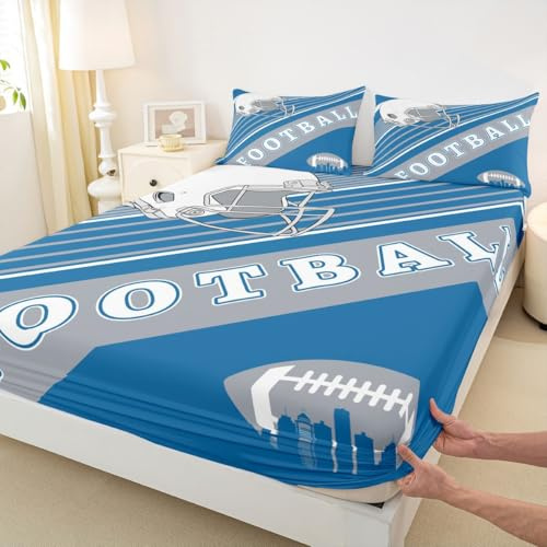 Erosebridal Sports Football Bed Sheets White and Sky Blue Rugby Helmet Bedding Set Twin, Football Themed Fitted Sheet Retro 3D Ball Game Sheets with 1 Pillowcase