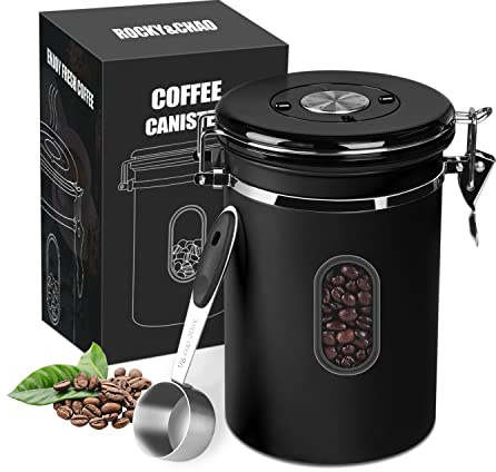 ROCKY&CHAO Kaffeedose Luftdicht aus Edelstahl 1,5L Kaffeebhnen Behälter mit Sichtfenster an der Seite Vorratsdose für 500g Tee Nüsse Kakao Länger und Frisch Bleiben（Schwarz）