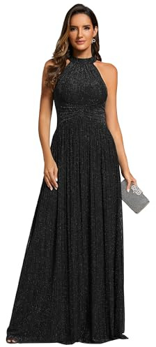 Ever-Pretty Abito da Sera Lungo per Donna, Scollo A Barca, Plissettato, Senza Maniche, Vita Alta, Scintillante Noir 46
