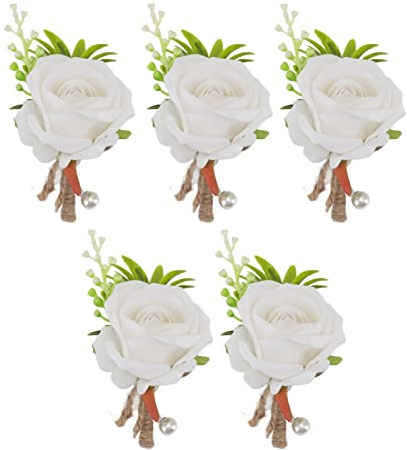 5 Stück Hochzeits-Boutonniere-Anstecknadel, Eukalyptus-Boutonniere für Männer, Hochzeit mit Anstecknadeln, künstliche Blumen-Corsage aus Kunststoff für Braut und Bräutigam (Weiß)
