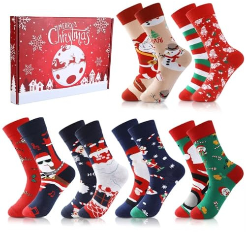 Vertvie 6 Paar Lustige Weihnachtssocken Damen und Herren Christmas Socken Baumwolle Christmas Santa Elch Weihnachts Socks Geschenk für Damen und Herren links rechts verschieden(6 Paar-A)