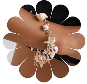 Inateannal Boho Muschel Seestern Fußkettchen Armbänder Perle Muschel Seestern Armband Gold Seestern Muschel Anhänger Armband Sommer Strand Seestern Armband Muschel Perle Quaste Armband
