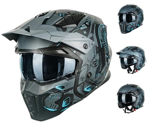 ILM Hjälm motocross herr dam vintage retro med visir ECE-modell Z302, Scifi Blue, XL