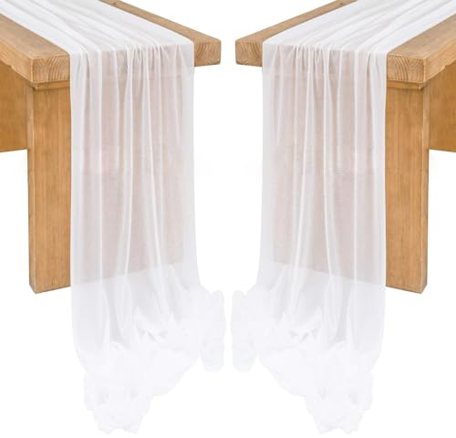 EULAPGOE Chiffon Stoff Meterware, 2 Stück Tischläufer Weiß, 77 x 300 cm, Hochzeitsdeko Table Runner, Weißer Dekostoff