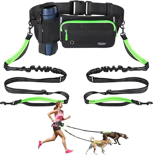 Tivray Hände Frei Hundeleine 2 Hunde, Einstellbare Taille Leine für Hund Spazieren mit Dual Bungees Gepolsterten Griff, Stoßdämpfende Hände Frei Leine Kleine Mittelgroße Hunde Outdoor, Schwarz + Grün