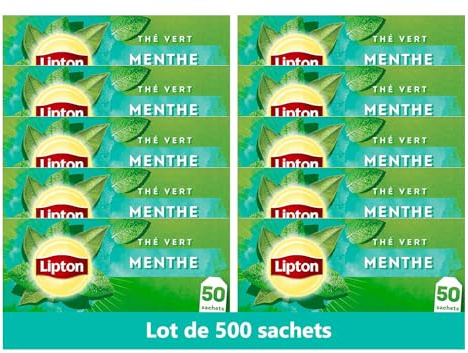 Lipton, Thé Vert, Thé Vert Origine Asie, Infusion à Froid ou Chaud, Goût Menthe, Fraîcheur, Ingrédients d'Origine 100% Naturelle, 500 Sachets