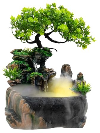Tabletop Fountain Ornament Resin Meditation Fountain Tabletop Water Fountain Mini Rockery Fountain with Atomizer and LED Light for Home Office Decor Relaxation (Style 1)