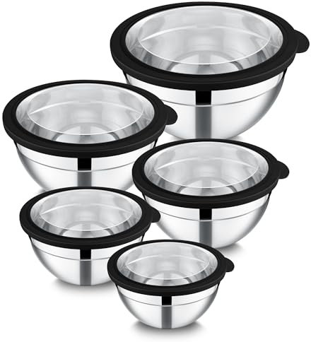 Joyfair Mixing Bowls, 5 Pcs Stainless Steel Nesting Salad Bowl with Airtight Transparent Lids, Metal Bowl Set Ideal for Kitchen Mixing Baking Serving Storing Washing- 4.6/2.5/1.6/1.2/0.7QT, Black
