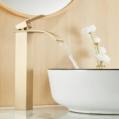 Waterfall Bathroom Basin Mixer Tap, Tall Bathroom Sink Tap, Brushed Gold | High Rise Faucet for Counter Top Basin, Single Lever, Modern Square Design, Hot & Cold Mixer, Flexible Tail, Stainless Steel