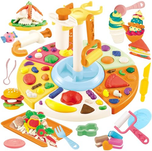 VBACALA Set Di Plastilina,Cucina Per Bambini,Modellatore Creativo Di Pizza Con 53 Pezzi Accessori Per Plastilina,24 Barattoli Di Argilla Da Modellare,Adatto ai Bambini Dai 3 Anni in Su