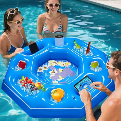 Lanathel Octagonal Inflatable Game Table with Waterproof Playing Cards, Inflatable Pool Bar Games for Adults, Floating Portable Bar Table Tray for Hot Tub or Pool Beach Party