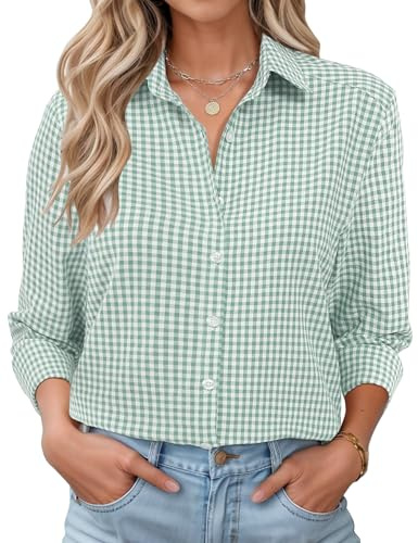 LOMON Cotton Blouses for Women Casual Button Down Shirts Long Sleeve Tops Loose Fit Summer Work Outfits Green and White Plaid XXL