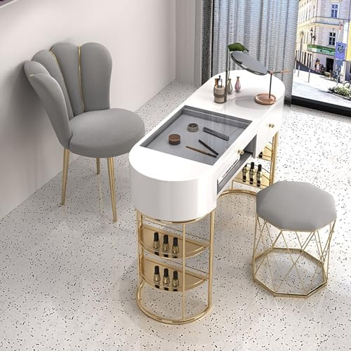 Mesa de trabajo para uñas, escritorio de manicura profesional con parte superior de cristal y armario abierto para salón de belleza, estación de suministros de arte de uñas de doble capa (asiento y