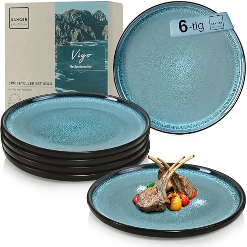 SÄNGER Vigo Teller Set 6 Personen Steingut Geschirr Set 6 tlg, Speiseteller | Essteller Dinner Set kratzfest, Plates Set spülmaschinenfest, Speiseteller blau mit schwarzem Rand