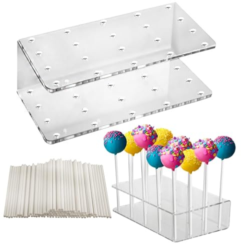 Kievano – Set de 2 Expositores de Cake Pop de Acrílico Transparente con 200 Palitos Blancos, Soporte para Lollipop de 20 Agujeros, Reutilizable para Bodas, Cumpleaños, Fiestas y Candy Bar (16×9×4 cm)