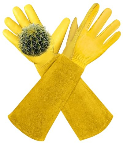 AMFUN Gartenhandschuhe für Damen/Herren, Gartenhandschuhe Dornenfest aus Leder, Lange Rindsleder Arbeitshandschuhe für Garten und Haushaltsaufgaben（XL）