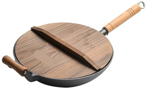 LCKKJHG wok hierro fundido Estufa antiadherente tradicional, wok de gas, sartén multifunción, utensilios cocina hechos a mano(32cm with wood lid)