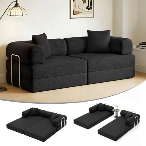 DURASPACE 200cm Convertible Sofa Bed Sleeper, Floor Folding Mattress Couch with Fixed-Shape Frame, Comfy Fold Out Futon, Boneless Modular Loveseat for Living Room (Chenille Black)