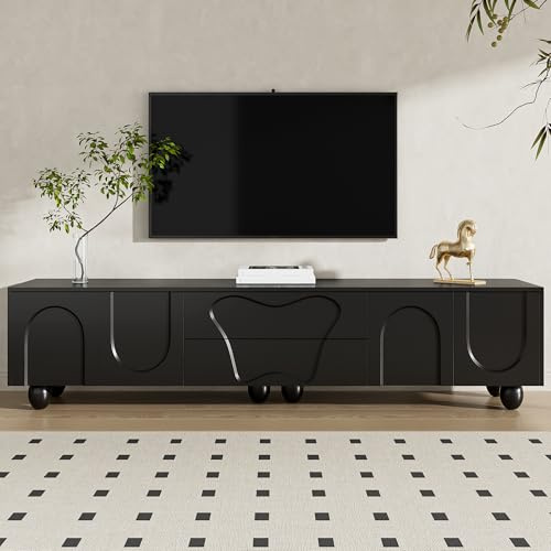 FammyLoft 180cm TV Lowboard mit 4 Türen und 2 Schubladen, TV Schrank mit Holzbeinen, Fernseher Schrank mit Viel Stauraum für Wohnzimmer, TV-Board, Schwarz