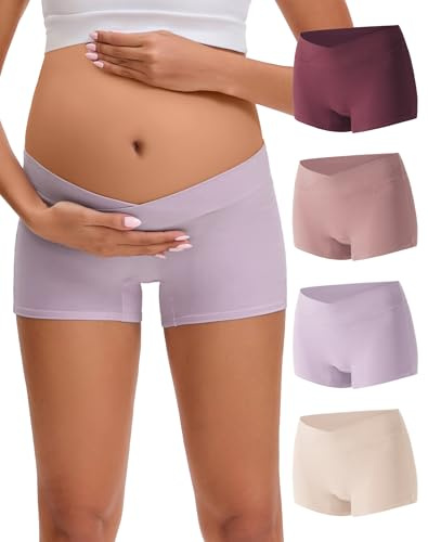 INNERSY Maternity Boxer Shorts Under Bump Pregnancy Postpartum Pants 4 Pack | 100% Cotton Gusset, Low Waist V Shape Boxers Underwear, Comfortable Boyshorts Panties for All Stages & After Birth, Tag-free