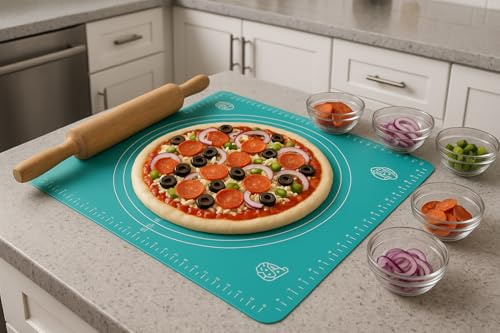 Chapati Rolling Mat Non-Stick - Silicone Baking Mat for Pastry, Bread, Cake, Roti - Piza Dough Rolling Sheet with Size Measurements - Non Slip Counter Mat Kitchen Gadget (Sea Green)
