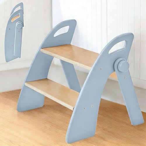 Sgabello di legno per Bambini a 2 Gradini Pieghevole, Capacità di 130 kg con Tappetino Antiscivolo e Maniglie, Scaletta per Bagno, Camera dei Bambini, Cucina, Blu