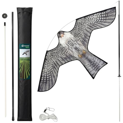 VOUNOT® Spaventapasseri Uccelli con Aquilone Falco Realistico, Dissuasore Uccelli da Esterno con Asta Telescopica 4 m, per Giardino, Orto e Fattoria, Modello A