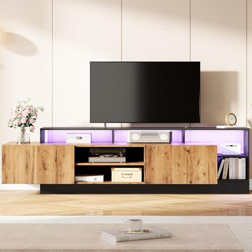 BTM Meuble TV 190 LED, Conception Multicouche Unique, 2 Portes & 8 Compartiments de Rangement, Chambre Salon, pour TV Max 70 Pouces, Charge 80 kg, 190x40x50 cm, Bois & Noir
