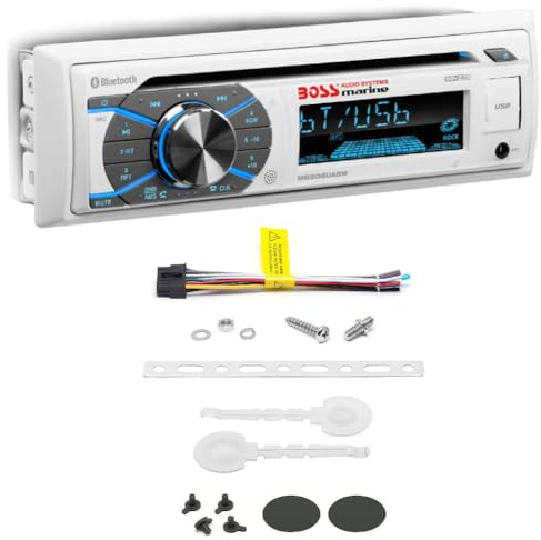 KIT SET PER BOSS AUDIO SYSTEMS MR508UABW, autoradio 1 din, digital media, CD audio, am/fm, stereo, aux/usb/mp3, con bluetooth, marino, per barca, gommone, 1 pezzo + chiavi di estrazione omaggio