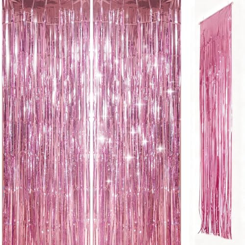 ZSYIULIA Pink Foil Door Curtain Decorations, 2pcs 3.2ft x 8.3ft Tinsel Curtains Fringe Backdrop, Pink Streamers Door Hanging Decoration for Birthday Wedding Bridal Shower Bachelorette Party.