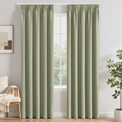 EMEMA Mörkläggningsgardiner med rynkband, salvia grön, ogenomskinliga gardiner 225 cm lång termogardin, set om 2, mörkläggning för skenor, gardiner för vardagsrum, sovrum, varje H 225 x B 140 cm