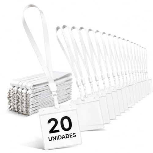 Pack 20 Porta Tarjetas Identificativas con Lanyard Blanco y Funda Transparente de 110x80mm | Portatarjetas Colgante para Credenciales, Oficina, Eventos y Acreditaciones (Pack 20)