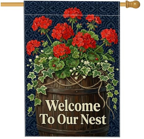 Drapeau de maison géraniums, tonneau traditionnel bienvenant, lierre rouge, double face, en toile de jute pour extérieur, pelouse, cour, terrasse, entrée, 71,1 x 101,6 cm