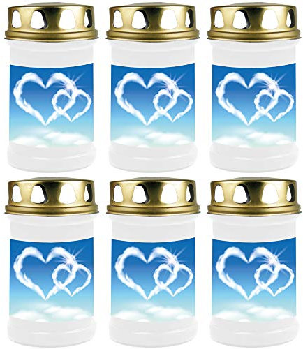 HS Candle Grabkerze - 6er Pack - (Weiß) Grablicht ca. 48h Brenndauer je Kerze - Motiv: Herz