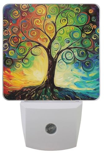 Vdsrup Rainbow Tree of Life Night Light Set of 2 Oil Painting Art Plug-in LED Nightlights Auto Dusk-to-Dawn Sensor Lamp for Bedroom Bathroom Kitchen Hallway Stairs