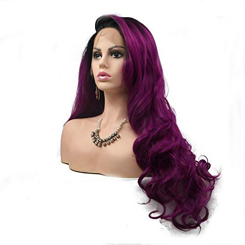 XINGYU Peluca Morada Oscura Señoras Drag Queen Party Pelucas Curly Wave Purple Lila Ombre Peluca Delantera de Encaje sintético