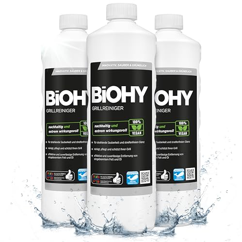 BiOHY Pulitore per griglie (3 bottiglie da 1l) | etergente per barbecue a carbone, a gas ed elettrici, schiuma attiva contro grassi e oli bruciati (Grillreiniger)