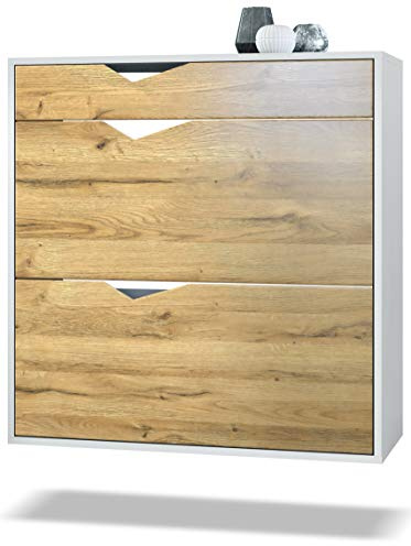 Vladon Schuhschrank Kolmio 85 x 87 x 33 cm, Made in Germany, Korpus in Weiß matt, Fronten in Eiche Natur | Große Farbauswahl