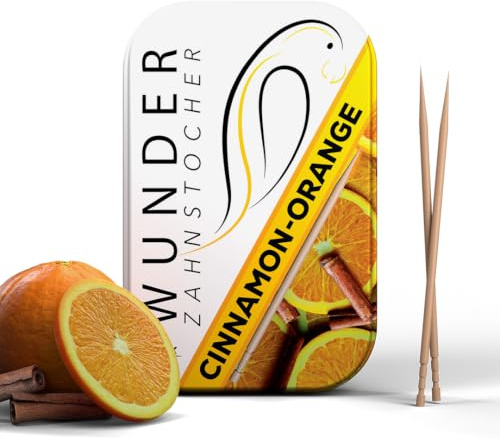 Wunder Zahnstocher mit Geschmack Zimt Orange - 100 Stück in edler Metallbox | intensiver Geschmack - frischer Atem - gegen Nägelkauen - Alternative zu Kaugummi - zuckerfrei, vegan