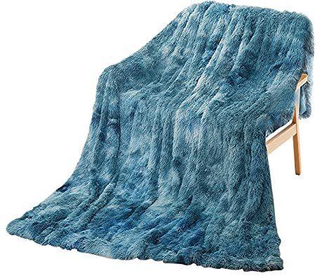 Galatée Regenbogen Doppelseitige Kuscheldecke,160 * 200cm Hohe Qualität Farbdesign Flauschige Wohndecke,Weich Warm Microfaser Kunstfell Fleecedecke Sofadecke Bettdecke Wohnzimmer Couch Wohndecke Blau