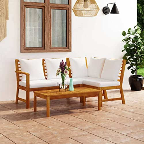 KOIECETA Akazienholz Massiv Gartenmöbel 4-TLG. mit Auflagen Lounge Sitzgruppe Sofa Bank Gartenset Sitzgarnitur Mittelsofa Ecksofa Creme