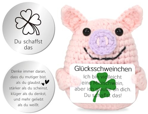 Pocket Hug Glücksschweinchen, Kreative Positive Geschenke,Strickwolle Minischwein Puppe mit Positiver Energiekarte Glücksbringer,Mutmacher Prüfung Geschenk für Beste Freunde（lächelndes Schweinchen）