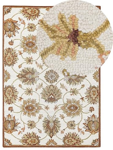 Beliani Alfombra de Lana Beige Claro/marrón/Verde Oliva 140 x 200 cm Pelo Largo Ezine